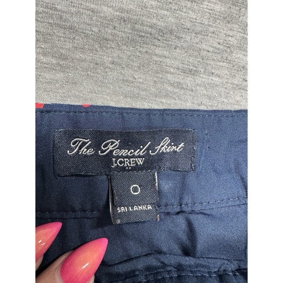 J.CREW The Pencil Mini Skirt Women Sz 0 Navy Blue with Red Polka Dot Zip - Picture 4 of 9